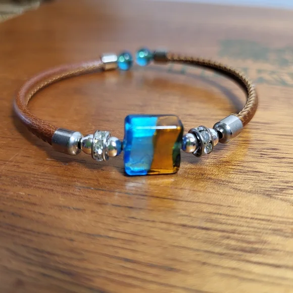 Amber and Blue Dichroic Glass Faux Leather and Rhinestone Tension Bracelet - Picture 12 of 12